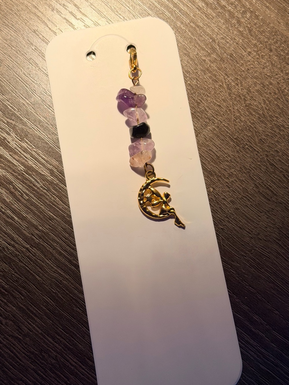 Gold Crescent Moon key / purse Charm Pendant with Amethyst Chip Beads - Purple